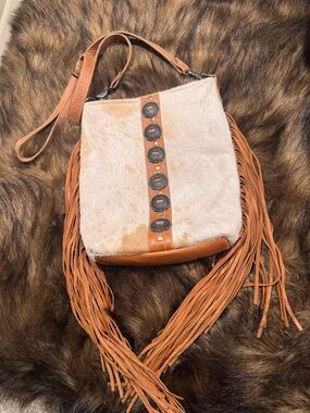 Myra Bag Tan and Cream Fringe Cowhide Shoulder Bag